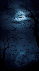 Obraz premium Spooky Night Bats Flying Around a Full Moon in a Dark Forest