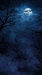 Spooky Night Sky with Bats and Full Moon - Halloween Background