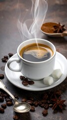 Hot coffee, steam, and spices