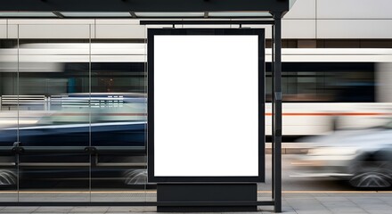 Blank billboard at a bus stop with blurred motion of vehicles passing by, perfect for advertising and public announcements