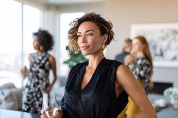 Woman in a black dress is holding a wine glass
