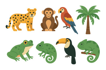 Naklejka premium Colorful jungle animals illustration with toucan, monkey, and chameleon