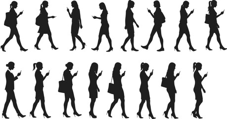 Silhouette vector of multiple business women walking and using smartphones, perfect for urban lifestyle, mobile use, and digital communication.