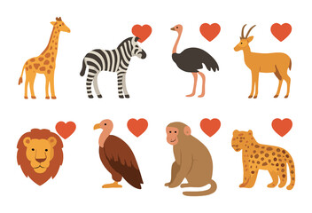 Fototapeta premium Safari animal friends: giraffe, zebra, ostrich, antelope, lion, vulture, monkey, leopard