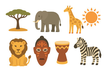 African wildlife and cultural symbols with lion elephant zebra mask drum