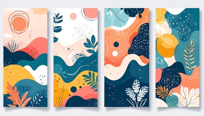 Abstract art posters with organic shapes and plants.  Colorful, modern