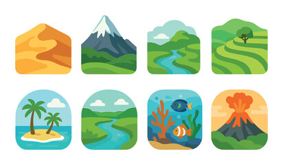 Naklejka premium Colorful nature landscapes icons featuring mountains, rivers, and volcano