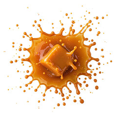 Golden Caramel Cube Splashing in a Sweet Treat Delight:  A High-Angle, Close-Up Shot of a Caramel Cube Landing in a Pool of Caramel Sauce, Creating a