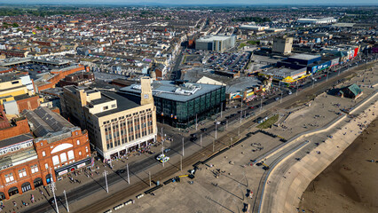 Aerial View of Urban Coastline with Beach and Buildings  in Blackpool, UK.