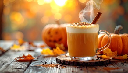 Steaming pumpkin latte with cinnamon stick served on rustic wooden table in warm autumn light.
