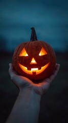 Glowing Jack-o'-lantern Held in Hand at Dusk