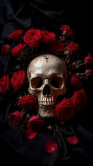 Still Life Human Skull Adorned with Dark Red Roses