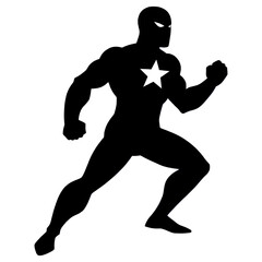 Running superhero in dark silhouette with star logo