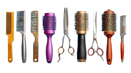 Row of assorted hairdressing tools.  Various combs, brushes, and shears in different colors and materials