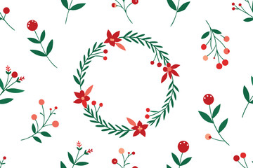  Pattern of delicate floral wreaths. Decorative motif for a seamless ornament, herbs, flowers, leaves and red berries on white background