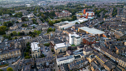 Aerial View of an Urban Landscape with Buildings and Trees  in Harrogate, UK.