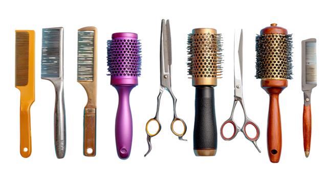Row of assorted hairdressing tools.  Various combs, brushes, and shears in different colors and materials