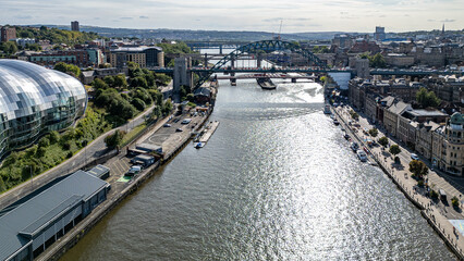 Aerial View of River Tyne with Bridges and Cityscape  in Newcastle upon Tyne, UK.