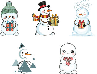 Cartoon snowmen in various artistic styles holding gifts, festive winter holiday characters, Christmas decoration, seasonal celebration vector illustration design