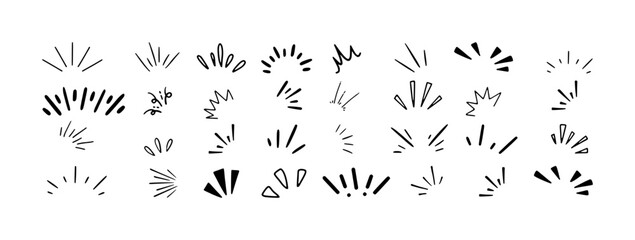 Collection of Hand-Drawn Starbursts and Sunbursts in Black and White