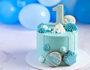 Blue birthday cake with decorations