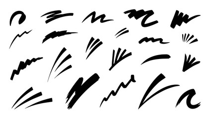 Collection of Black Brush Strokes and Abstract Shapes on White Background