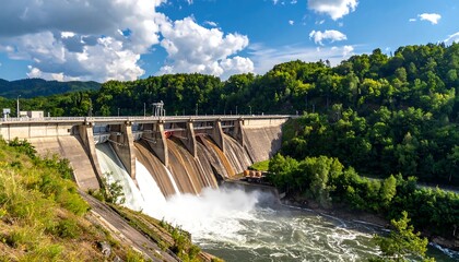Obraz premium Dam cascading water, lush landscape