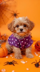 Adorable Puppy in Halloween Costume with Pumpkins and Spiders