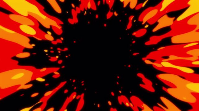Seamless looping fire tunnel animation with alpha channel. Dynamic explosion effect featuring glowing orange and red flames radiating outward, creating a fiery vortex.