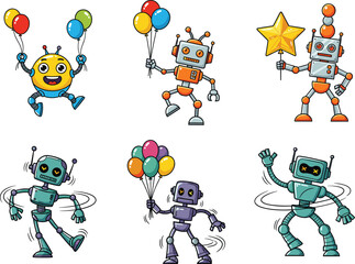 Cute cartoon robots with balloons and wands, dancing and spinning in colorful poses, fun futuristic characters, whimsical vector art design