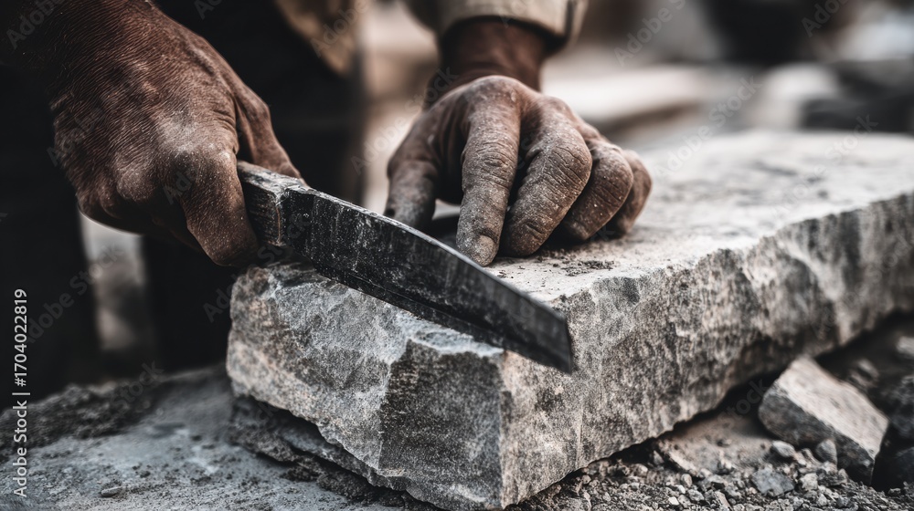 Poster skilled stone carver shaping rock in a workshop during afternoon hours with dust and tools surroundi