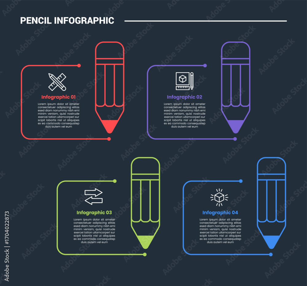 Poster pencil education infographic process diagram with open square box with pencil on edge with dark back