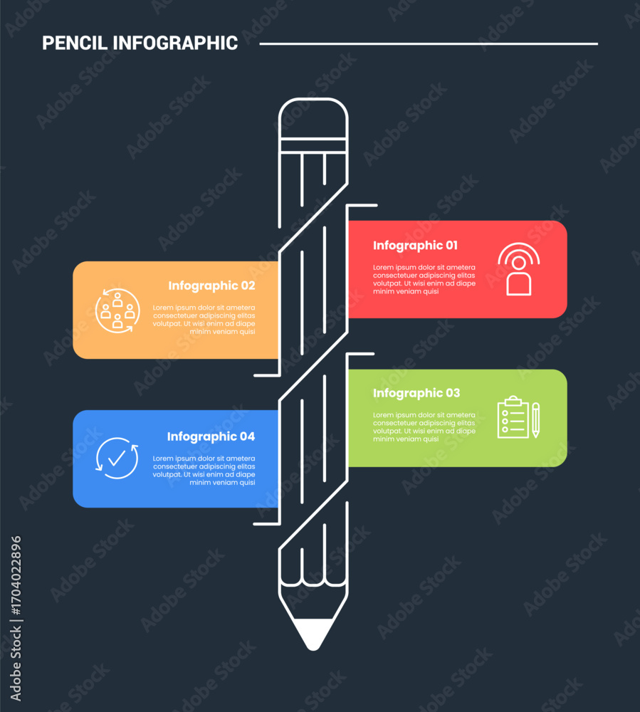 Poster pencil education infographic process diagram with vertical and round rectangle container opposite di