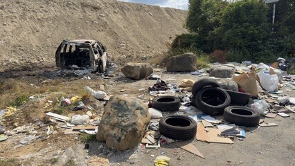 Burnt Vehicle and Littered Landscape