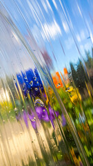 Abstract view of a colorful summer garden with vibrant blue, purple, and orange flowers seen through a wet, curved, transparent plastic surface