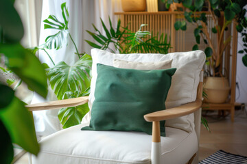 Cozy modern living room with a wooden chair, white cushions, and a green potted plant, bathed in natural light.