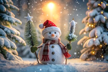 Obraz premium A cute snowman with a christmas tree and candle stands in a snowy forest with christmas lights