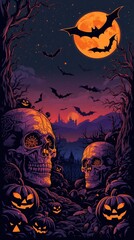 Fototapeta premium Spooky Halloween Night Skulls, Pumpkins, Bats, and a Haunted Castle Under a Blood Moon