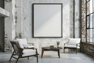 Modern living room with a sofa, minimalist decor, and large blank canvases on the wall.