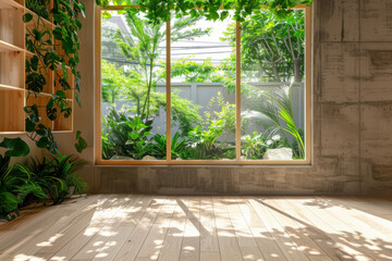 Fototapeta premium Modern living space with green indoor plants on wooden shelves, bathed in natural light from a large window.
