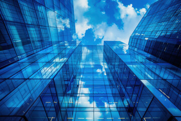 Modern glass skyscrapers reaching towards a blue sky, reflecting clouds, representing urban architecture and business growth.