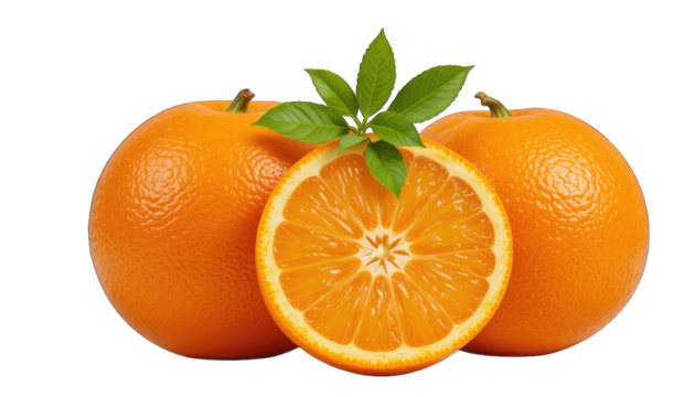 Two Whole Oranges and One Halved Orange with Leaves isolated on a transparent background