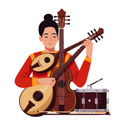 Fototapeta premium Person with a Happy Expression Holding Three Stringed Instruments and a Drum