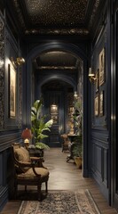 Dark blue hallway interior design with gold accents