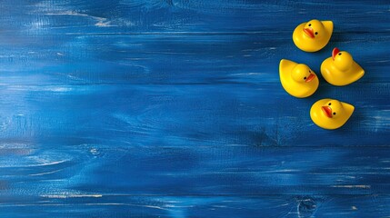 Yellow rubber ducks on blue wood background