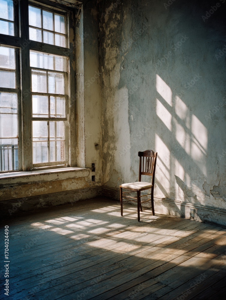 Poster sunlight streams through large window into empty room with single chair