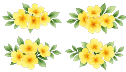 Watercolor Yellow Flower Clusters with Green Leaves on Black isolated on a transparent background
