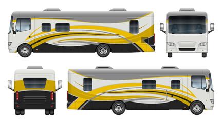RV motorhome wrap vector mockup for vehicle branding, corporate identity. View from side, front and back. All elements in the groups on separate layers for easy editing and recolor.
