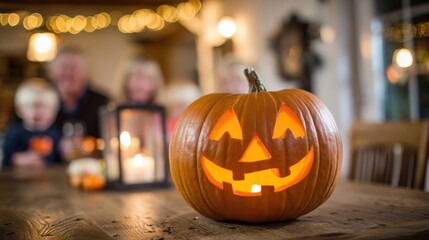Jack-o'-lantern on Wooden Table with Family in Background