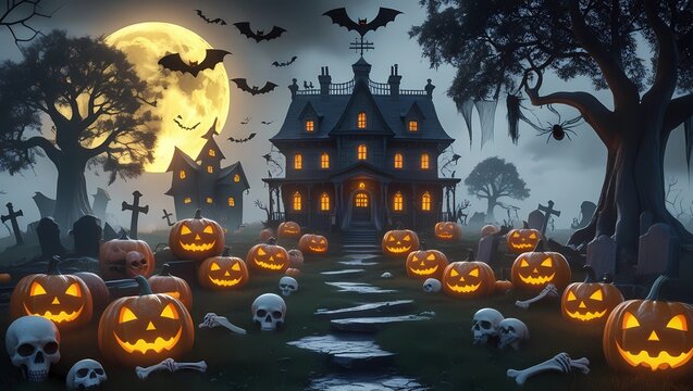 Seamless horror Halloween pattern design featuring glowing jack-o’-lantern pumpkins, skulls, bats, spider webs, haunted houses, and creepy trees on a dark black background.